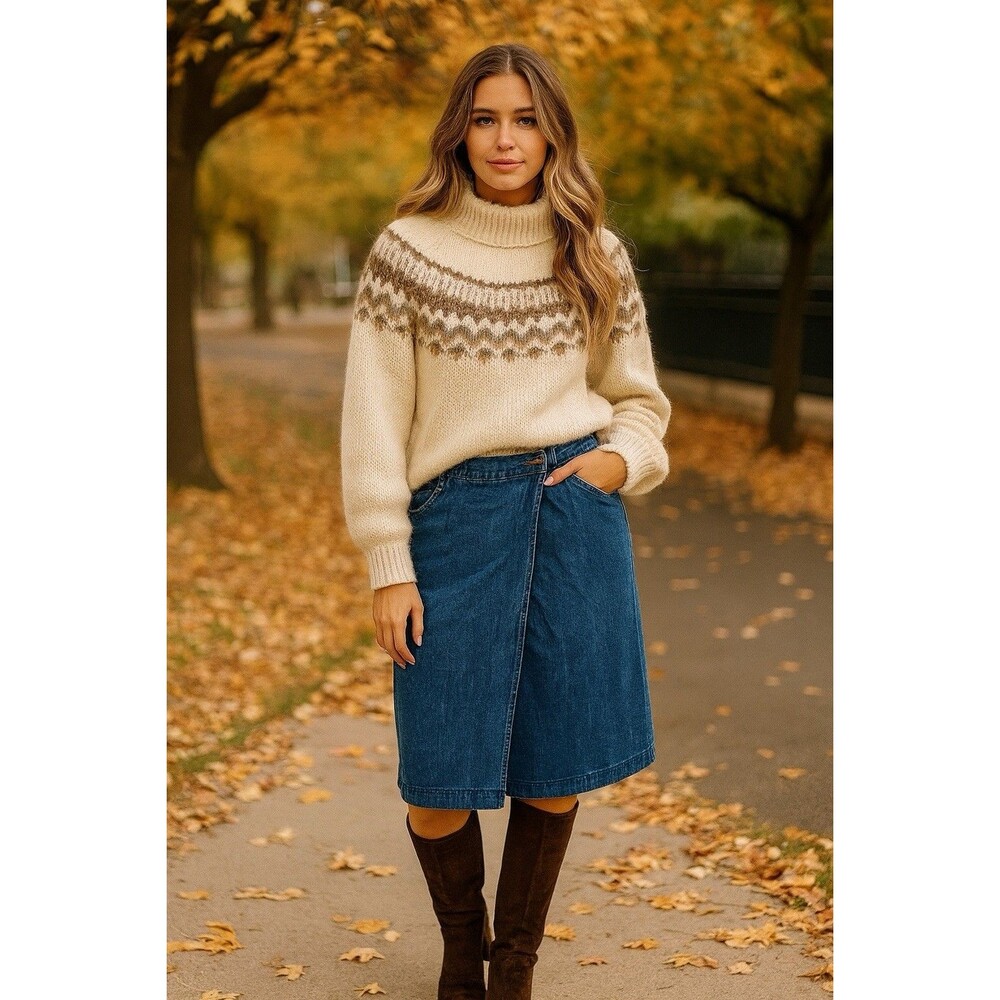 Vintage Dockers Blue Denim‎ Wrap Knee Length Skirt Cotton Size 14P